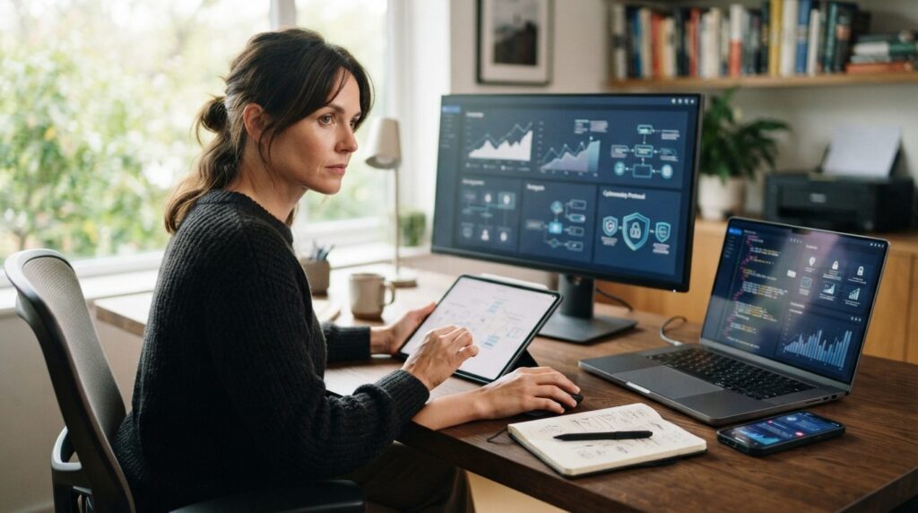 Self-employed professional in home office reviewing digital 
