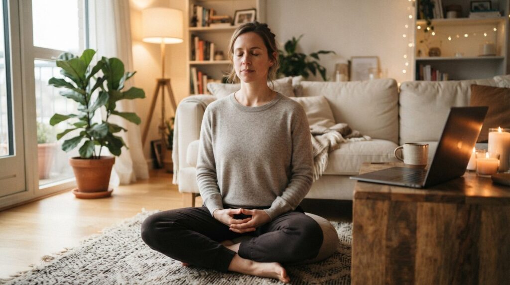 Serene person meditating in comfortable home environment wit