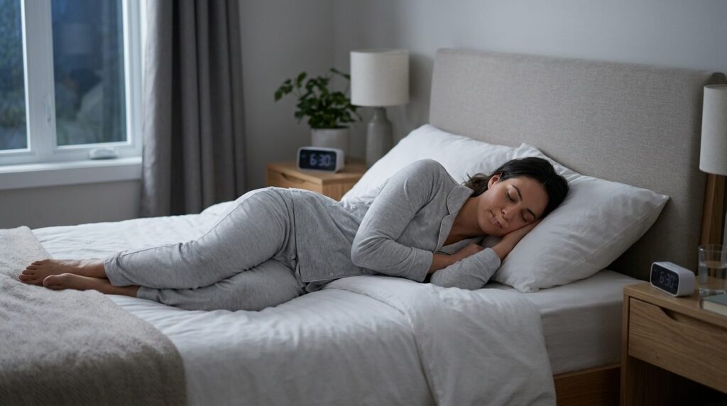Modern bedroom scene, 16:9 aspect ratio, photorealistic. Hea